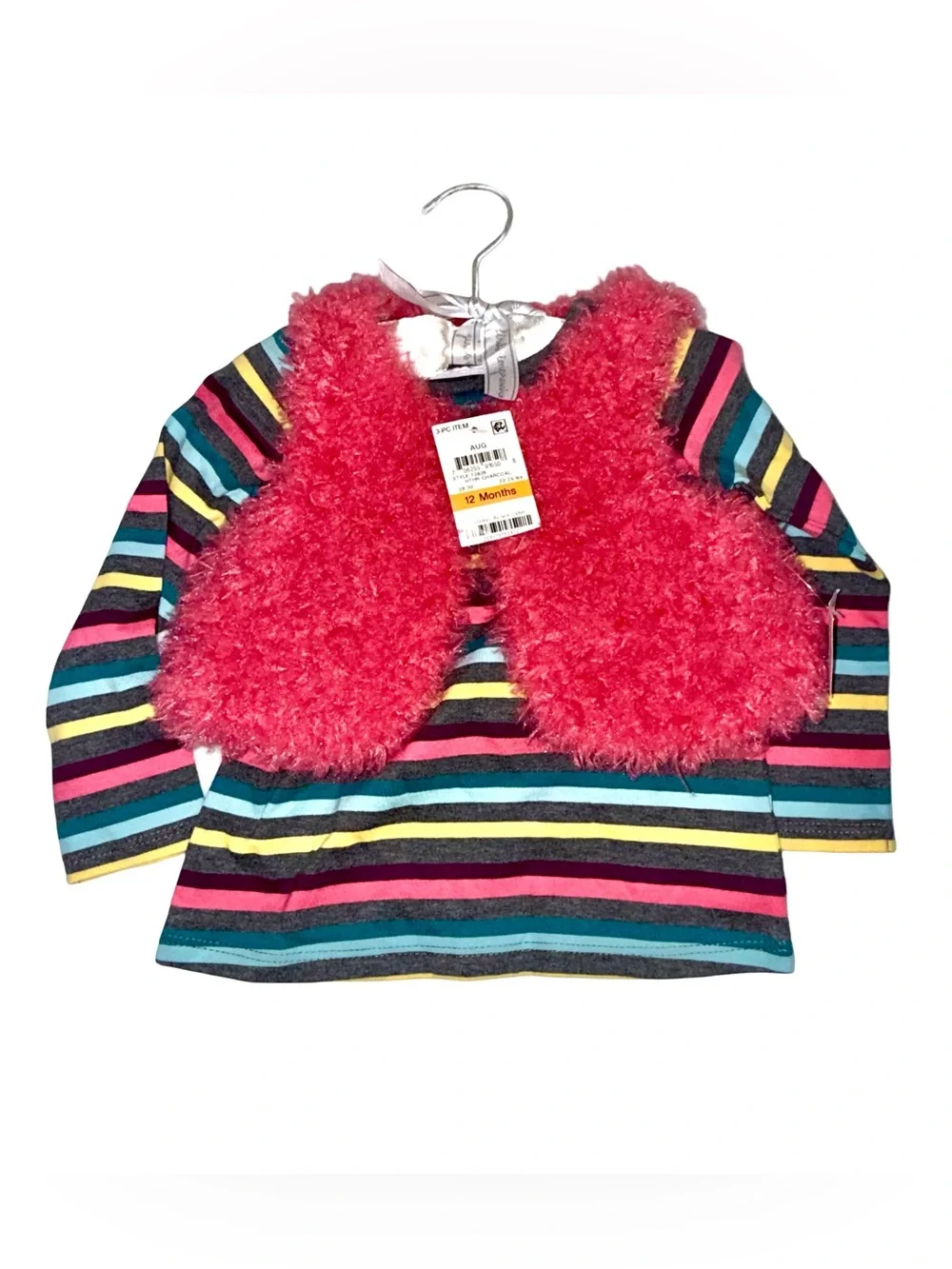 Striped Long Sleeve Top with Fuzzy Pink Vest & Cat Leggings - Toddler